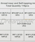 Grab This Awesome 116 Piece Helicoil Thread Inserts And Self Tapping Assortment Kit Covering M3 To M12 Sizes With Premium Stainless Steel And Carbon Build For Serious Fixes; detailed inventory chart.