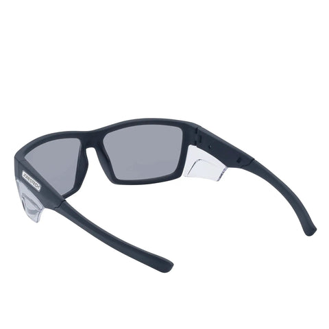 Heavy Duty Boss Level Safety Bifocal Glasses With Rugged Side Shields Kickass Impact Resistant ANSI Certified Eye Gear Smoke Lens Tough Black Frame, side view.