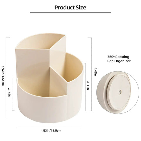 360 Degree Rotating Pen Holder With Three Slots, Desk Organizer For Pens Pencils Markers Rulers And Small Art Supplies, Easy Access Spin Cup For Office School Or Home White, with dimensions labeled