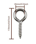 120 Pack 0.67 Inch 304 Stainless Steel Eye Screws Corrosion Resistant Threaded Fasteners Heavy Duty Hardware shown with dimensions.