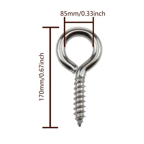 120 Pack 0.67 Inch 304 Stainless Steel Eye Screws Corrosion Resistant Threaded Fasteners Heavy Duty Hardware shown with dimensions.