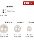 Pearl faux rivet studs set, 150 pcs, metal backs, three sizes: 10mm, 8mm, 6mm for clothing crafts