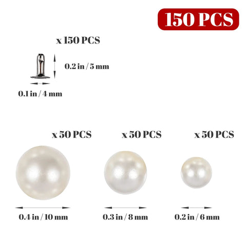 Pearl faux rivet studs set, 150 pcs, metal backs, three sizes: 10mm, 8mm, 6mm for clothing crafts