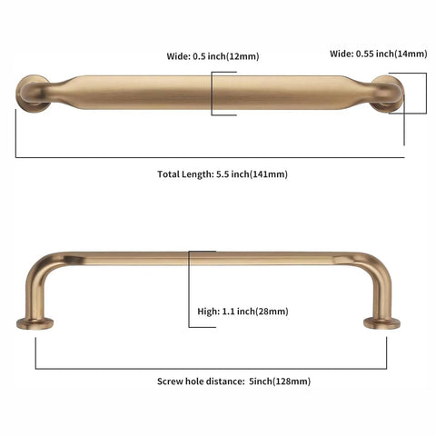 10 Pack 5 Inch Champagne Bronze Cabinet Handles for cupboards and drawers with dimensions and installation details