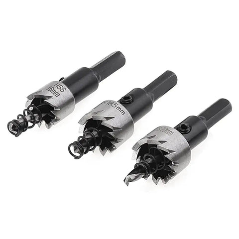 Three HSS drilling bits from the Five Piece Hole Saw Set From 16mm To 30mm HSS Cutter Kit for metal and wood