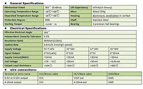 Technical specifications for angle sensor with hall effect potentiometer, including electrical and general details.