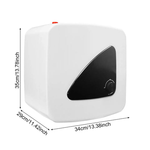 Top Pick 3.96 Gallon Mini Tank Electric Water Heater Packed With 1500 Watt 110 Volt, compact design dimensions shown in image.