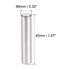 Close-up of single 8mm x 40mm dowel pin, 304 stainless steel, silver tone, part of Five Pack 8mm By 40mm Dowel Pins 304 Stainless Steel Cylindrical Shelf Support Pins Rust Resistant Centerless Ground Finish Silver Tone Great For Furniture Shelves And Cabinet Supports.
