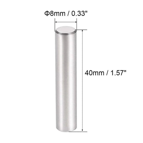 Close-up of single 8mm x 40mm dowel pin, 304 stainless steel, silver tone, part of Five Pack 8mm By 40mm Dowel Pins 304 Stainless Steel Cylindrical Shelf Support Pins Rust Resistant Centerless Ground Finish Silver Tone Great For Furniture Shelves And Cabinet Supports.