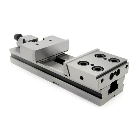 Rock Solid Modular Bench Vise For Cnc Milling Gt150a Gt150b heavy duty gray metal clamp with precision jaws for machining tasks.
