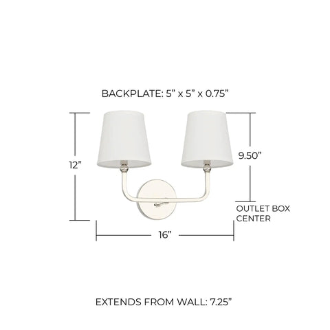 Dawson Dope Decorative White Fabric Stay Straight Bath Vanity Light With Polished Nickel Wall Mount, 2 Light Fixture