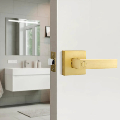 Keyless Privacy Door Lever Set Satin Brass Finish for Bedroom and Bathroom showing modern gold tone hardware