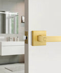 2 Pack Satin Brass Privacy Door Levers With Square Knobs Bed Bath Lockset Gold Finish Universal Handing Keyless Privacy Lever
