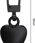 Two Piece Black Heart Shaped Zipper Pull Replacement Kit For Luggage Backpacks Jackets Coats Boots And Clothing Durable Metal Zipper Pulls With Universal Fit For Quick Slider Fix And Easy DIY Repair, showing 39mm x 16mm dimensions.