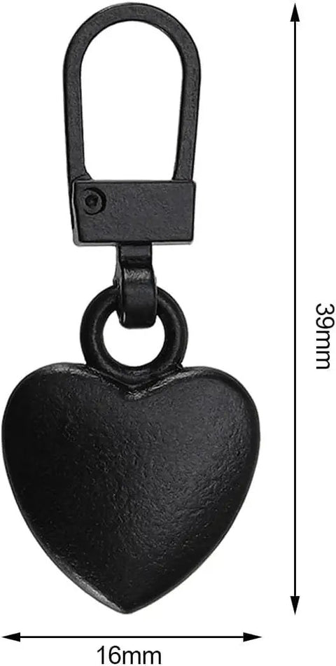 Two Piece Black Heart Shaped Zipper Pull Replacement Kit For Luggage Backpacks Jackets Coats Boots And Clothing Durable Metal Zipper Pulls With Universal Fit For Quick Slider Fix And Easy DIY Repair, showing 39mm x 16mm dimensions.