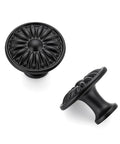 Matte Black Cabinet Knobs Set With Rosette Design One And A Quarter Inch Ten Pack Sturdy Zinc Alloy Drawer Handles, front and side view