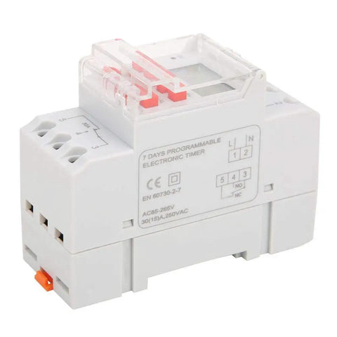 Side view of Programmable Digital Timer Switch 85 To 265V 30A with LCD Countdown Display, LED Indicators, DIN Rail Mount
