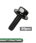 20 Pcs M6 Stainless Steel Hex Head Car Body Bolts Set For Honda And GM Models 1.0 X 20mm 10mm Hex 17mm Washers Black Finish
