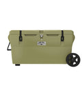 111-Quart Desert Tan Tough Cooler With Heavy Duty Wheel Kit Rotomolded Ice Chest For Hunting Fishing And Camping With Elite Thermal Retention Made In USA in side view showing latch system and wheel
