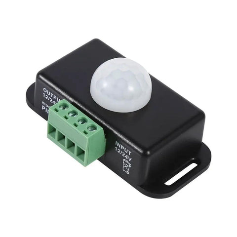 Motion Sensor Light Switch For Indoor Use Auto On Off DC 12V 24V Motion Activated Controller For LED Light Strips Smooth Flicker Free Output Infrared Detection black plastic sensor with green terminal block