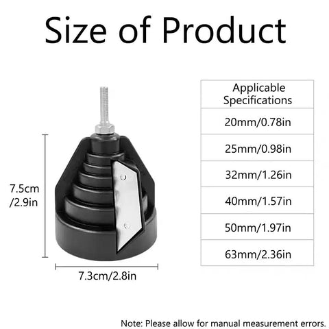 TopHomer Heavy Duty External Chamfering Tool For Pipework showing size specifications for 20mm to 63mm pipes.