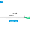 Infographic of Workhorse 18G Blunt Tip Dispensing Needles Set, 10 Pack, 4 inch stainless steel, luer lock, green color with measurements