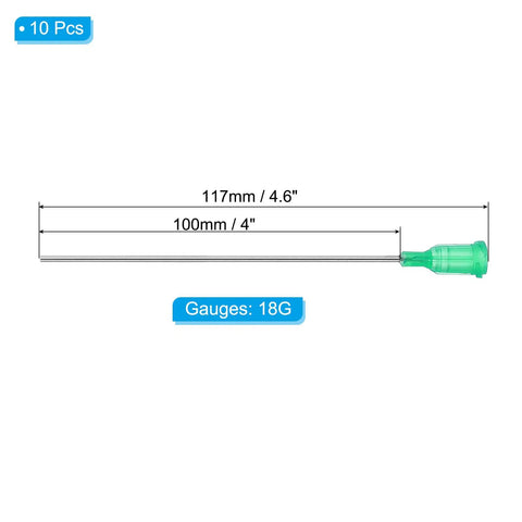 Infographic of Workhorse 18G Blunt Tip Dispensing Needles Set, 10 Pack, 4 inch stainless steel, luer lock, green color with measurements