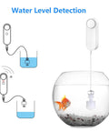 WiFi 2.4G Water Leak And Water Level Detector 2 In 1 Tuya Smart Sensor installed in fish tank with diagrams