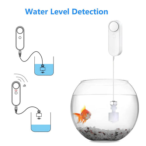 WiFi 2.4G Water Leak And Water Level Detector 2 In 1 Tuya Smart Sensor installed in fish tank with diagrams
