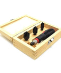 Three In One Countersink Set With Three Interchangeable Cutters For Wood Screws One Half Inch Five Eighths Inch And Three Quarters Inch Deburr Metal And Speed Up DIY Woodworking Projects in wooden box