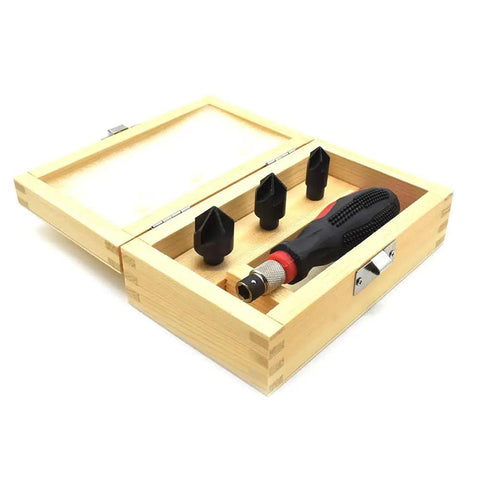 Three In One Countersink Set With Three Interchangeable Cutters For Wood Screws One Half Inch Five Eighths Inch And Three Quarters Inch Deburr Metal And Speed Up DIY Woodworking Projects in wooden box