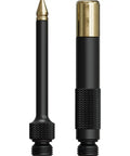 Close-up of brass needle and black fittings from Four In One Grease Injection Gun Kit With Brass Needle Tip And Zerk Fittings For Precise Grease Application Four Loading Options Include Bulk Reservoir Standard Paper Cartridges And Threaded Cartridges Pro Grade Handheld Tool.