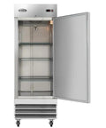Pro Grade 23 Cubic Foot Commercial Reach In Refrigerator With Heavy Duty Stainless Steel Exterior and No Sweat Adjustable Shelves, open view.