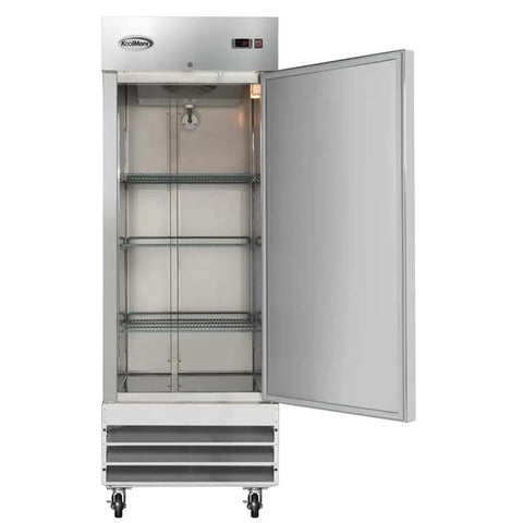 Pro Grade 23 Cubic Foot Commercial Reach In Refrigerator With Heavy Duty Stainless Steel Exterior and No Sweat Adjustable Shelves, open view.