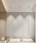XYIANG 3.9 Inch Farmhouse Wood Grain Recessed Lighting Housing Trim Kits 7W Led Recessed Lighting in a modern bedroom setting.