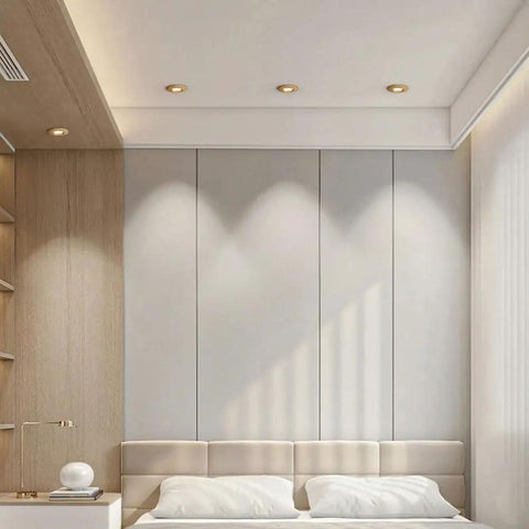 Modern bedroom featuring UWYTGF 10 Pack 3.9 Inch Led Recessed Lights with wood baffle trim and soft illumination.