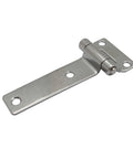 Side view of a heavy-duty steel hinge with mounting plate and screw holes, silver finish.