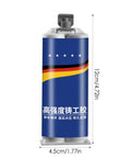 Front view of Two Part Pro Grade Industrial Strength Metal Bonding Paste For Structural Restoration High Temperature Adhesive Gel With Hardener Cold Weld Sealant For Pipes And Tough Surfaces Permanent Weld Substitute Without Welding Equipment in blue tube with dimensions.