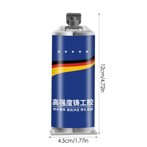Front view of Two Part Pro Grade Industrial Strength Metal Bonding Paste For Structural Restoration High Temperature Adhesive Gel With Hardener Cold Weld Sealant For Pipes And Tough Surfaces Permanent Weld Substitute Without Welding Equipment in blue tube with dimensions.