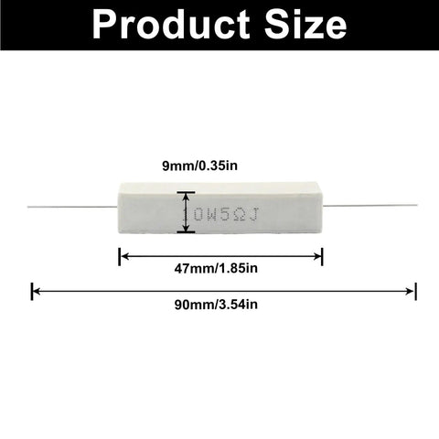 10 Pack 10W 5 Ohm Ceramic Cement Power Resistors Kit, showing dimensions of a single resistor.