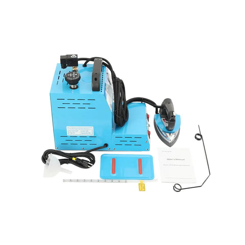 Heavy Duty Industrial Steam Iron Station With Pressurized Continuous Flow And Massive Four Liter Tank Built Like A Workhorse with accessories.