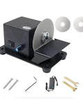 No Mess Mini Bench Top Electric Grinder And Stone Polisher Set With Rock Solid 300W Copper Motor, gray polishing wheel and accessories.