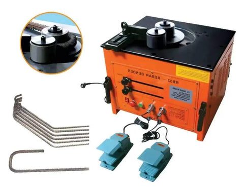 Pro Grade Hydraulic Electric Rebar Bender Built Like A Tank To Bend Steel Rods At One Eighty Degrees With Swappable Rollers handling 6 to 32mm bars.