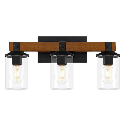 Real Wood Rustic Vanity Light for Farmhouse Bathrooms Over Mirror Three Light Rustic Vanity Lighting With Clear Glass Shades