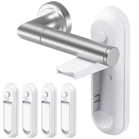 Grab-And-Go Portable Anti-Open Door Lock For Home And Travel with one-touch release shown on interior silver door handle