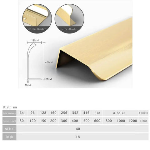 Gold Slick Invisible Door Handle Set For Wardrobe And Kitchen Cabinets, aluminum, 1500mm, close-up with dimensions