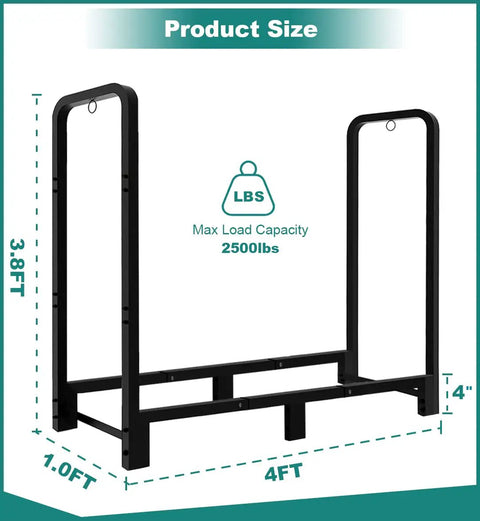 Diagram of Heavy Duty 4 Foot Firewood Rack For Indoor And Outdoor Use with size dimensions and 2500lbs capacity, black.