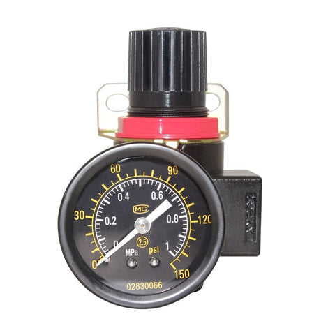 Front view of 3/8 NPT Air Compressor Regulator Combo With Manual Drain And Bracket PSI Gauge, Lightweight Regulator.