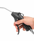 Straight Shot Air Blow Gun Featuring Tapered Bent Nozzle And Quarter Inch Npt Male Plug For Heavy Duty Compressor Blasting and Quick Shop Cleanup Tasks Today, held in hand.