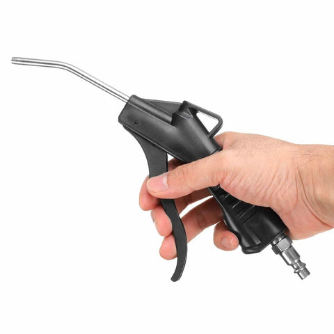 Straight Shot Air Blow Gun Featuring Tapered Bent Nozzle And Quarter Inch Npt Male Plug For Heavy Duty Compressor Blasting and Quick Shop Cleanup Tasks Today, held in hand.